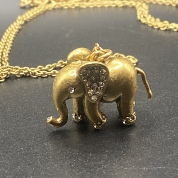 Signed J.Crew Necklace Gold-Tone Rhinestone Elephant Trunk Up Pendant 28 +3" - Picture 8 of 13